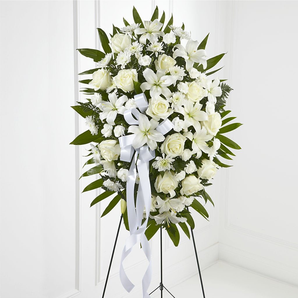 Exquisite Tribute Standing Spray-White Ribbon – Miles Of Flowers, Dothan AL